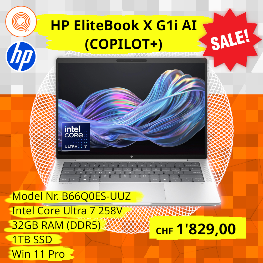 Angebotsgrafik: HP EliteBook X G1i AI mit Copilot+, Intel Core Ultra 7 258V, 32 GB RAM, 1 TB SSD und Windows 11 Pro