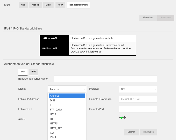 Salt Fiber Box X6 GUI zum Erstellen einer benutzerdefinierten IPv4-Firewall-Regel mit Name, Dienst, Protokoll, IP-Adressen und Ports